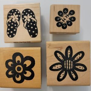 DAYS OF SPRING & SUMMER FLOWERS & FLIP FLOPS Wood Mounted Rubber Stamps Lot of 4